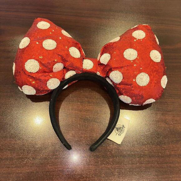 Disney Parks Minnie Mouse Large Red Bow With Polka Dots Sequined Ears Headband - Picture 1 of 2